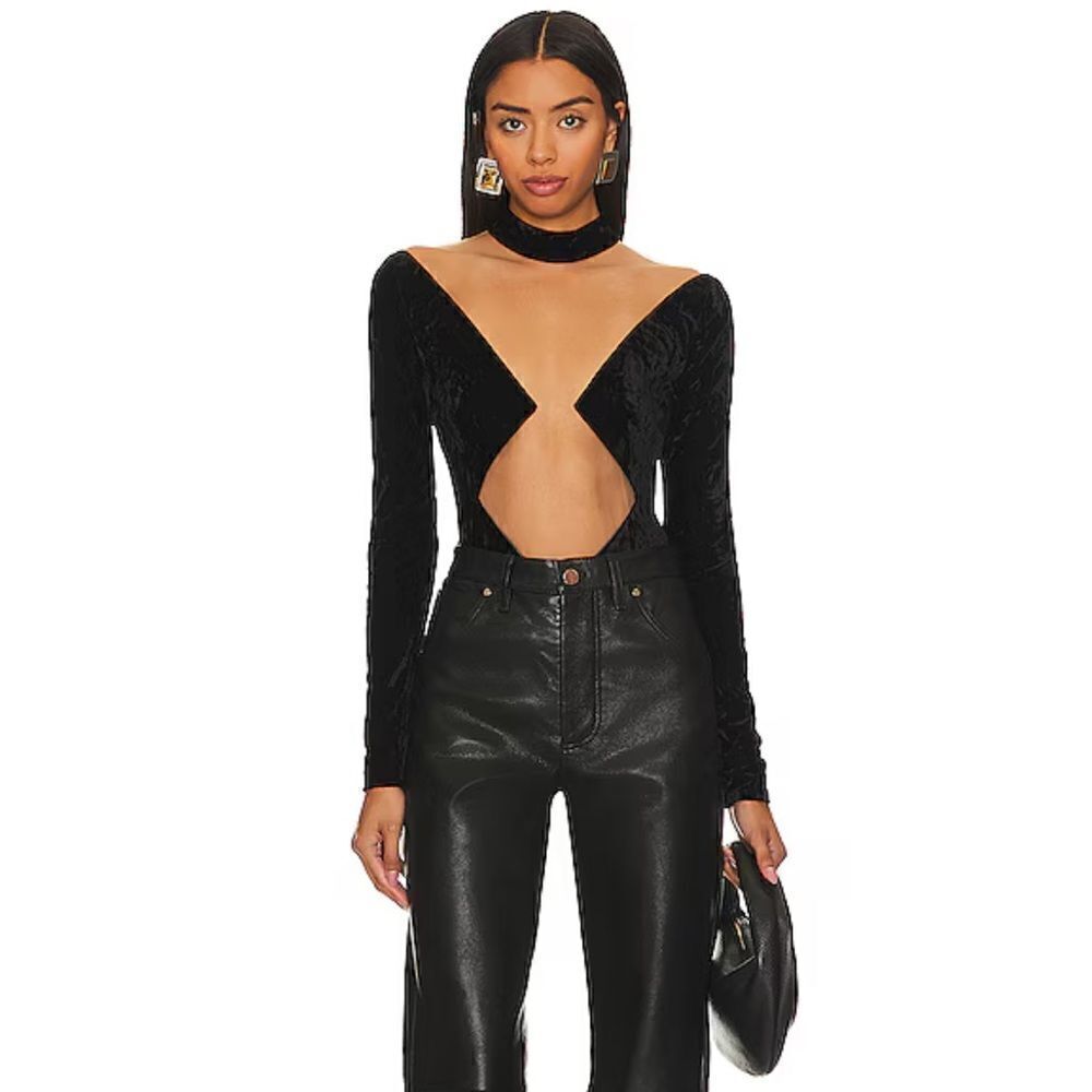 NBD Firoja black crushed velvet cut out mesh bodysuit top Revolve $178 flaw S